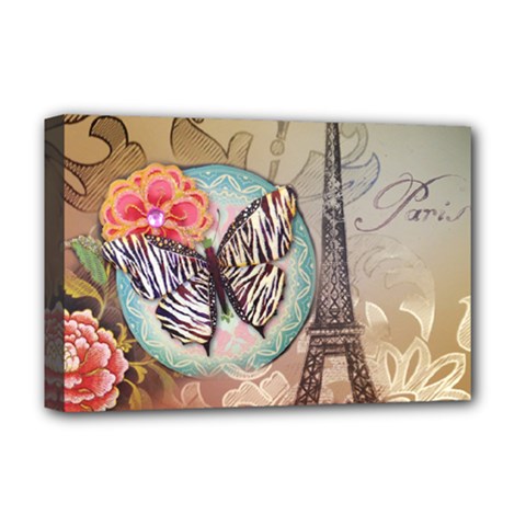 Fuschia Flowers Butterfly Eiffel Tower Vintage Paris Fashion Deluxe Canvas 18  X 12  (framed) by chicelegantboutique