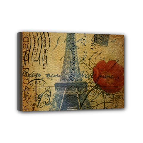 Vintage Stamps Postage Poppy Flower Floral Eiffel Tower Vintage Paris Mini Canvas 7  X 5  (framed)