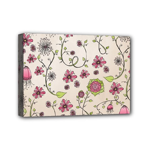 Pink Whimsical Flowers On Beige Mini Canvas 7  X 5  (framed) by Zandiepants