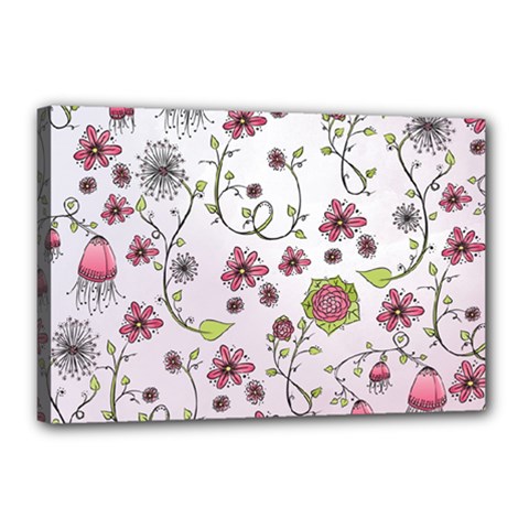 Pink Whimsical Flowers On Pink Canvas 18  X 12  (framed) by Zandiepants
