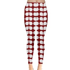 Red And White Leaf Pattern Leggings  by GardenOfOphir