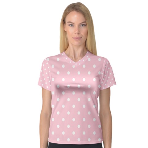 Pink Polka Dots Women s V-neck Sport Mesh Tee by LokisStuffnMore
