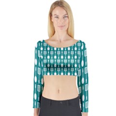 Teal And White Spatula Spoon Pattern Long Sleeve Crop Top by GardenOfOphir