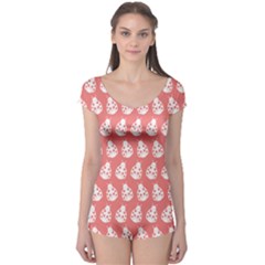 Coral And White Lady Bug Pattern Short Sleeve Leotard by GardenOfOphir