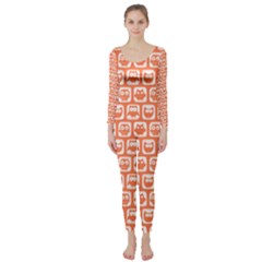 Coral And White Owl Pattern Long Sleeve Catsuit by GardenOfOphir