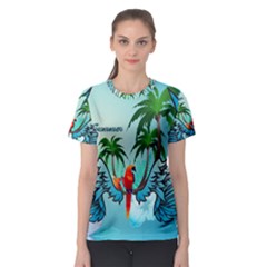 Summer Design With Cute Parrot And Palms Women s Sport Mesh Tees