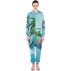 Summer Design With Cute Parrot And Palms Hooded Jumpsuit (ladies) 