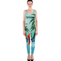 Summer Design With Cute Parrot And Palms Onepiece Catsuits