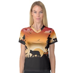 The Lonely Wolf In The Sunset Women s V-neck Sport Mesh Tee