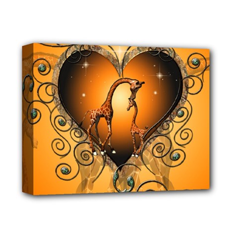 Funny Cute Giraffe With Your Child In A Heart Deluxe Canvas 14  X 11  by FantasyWorld7