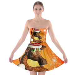 Funny Cute Christmas Giraffe With Christmas Hat Strapless Bra Top Dress by FantasyWorld7