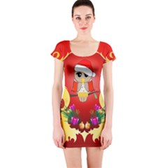 Funny, Cute Christmas Owl  With Christmas Hat Short Sleeve Bodycon Dresses by FantasyWorld7