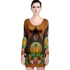 Surfing, Surfboard With Flowers And Floral Elements Long Sleeve Bodycon Dresses by FantasyWorld7