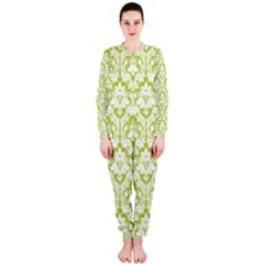 White On Spring Green Damask Onepiece Jumpsuit (ladies)  by Zandiepants