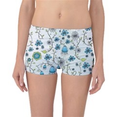 Blue Whimsical Flowers  On Blue Boyleg Bikini Bottoms by Zandiepants