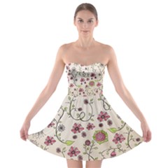Pink Whimsical Flowers On Beige Strapless Dresses by Zandiepants