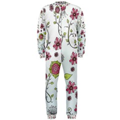 Pink Whimsical Flowers On Blue Onepiece Jumpsuit (men)  by Zandiepants