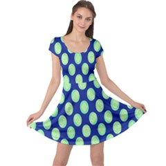 Mod Retro Green Circles On Blue Cap Sleeve Dresses by BrightVibesDesign
