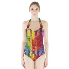 Conundrum I, Abstract Rainbow Woman Goddess  Women s Halter One Piece Swimsuit by DianeClancy