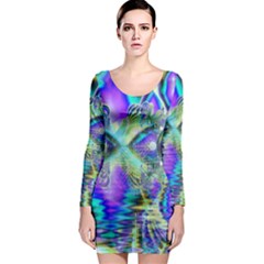 Abstract Peacock Celebration, Golden Violet Teal Long Sleeve Bodycon Dress by DianeClancy