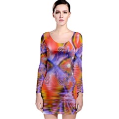 Crystal Star Dance, Abstract Purple Orange Long Sleeve Bodycon Dress by DianeClancy