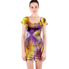 Golden Violet Crystal Palace, Abstract Cosmic Explosion Short Sleeve Bodycon Dress by DianeClancy