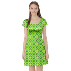 Vibrant Abstract Tropical Lime Foliage Lattice Short Sleeve Skater Dress by DianeClancy
