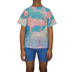Two Pink Flamingos Pop Art Kid s Short Sleeve Swimwear by WaltCurleeArt