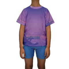 Abstract Tropical Birds Purple Sunset  Kid s Short Sleeve Swimwear