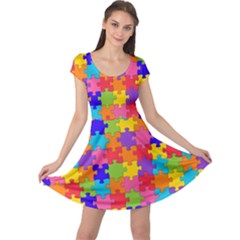 Funny Colorful Jigsaw Puzzle Cap Sleeve Dresses