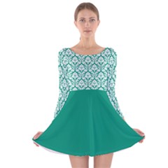 Emerald Green Damask Pattern Long Sleeve Velvet Skater Dress by Zandiepants