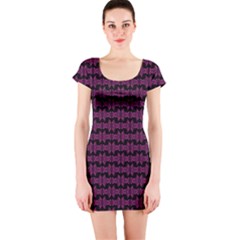 Pink Black Retro Tiki Pattern Short Sleeve Bodycon Dress by BrightVibesDesign