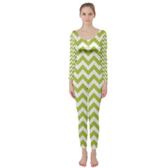 Spring Green & White Zigzag Pattern Long Sleeve Catsuit