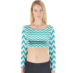 Turquoise & White Zigzag Pattern Long Sleeve Crop Top