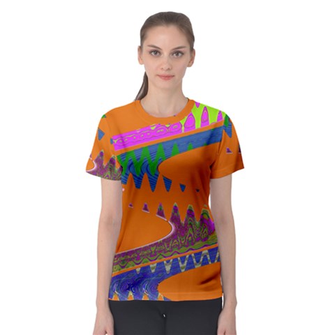 Colorful Wave Orange Abstract Women s Sport Mesh Tee by BrightVibesDesign