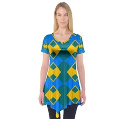 Blue Yellow Rhombus Pattern    Short Sleeve Tunic by LalyLauraFLM