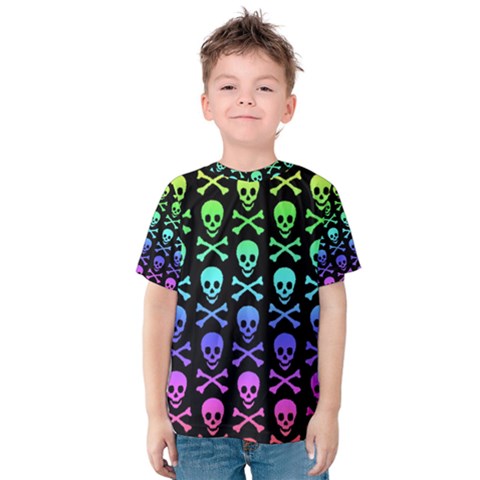 Rainbow Skull And Crossbones Pattern Kid s Cotton Tee by ArtistRoseanneJones