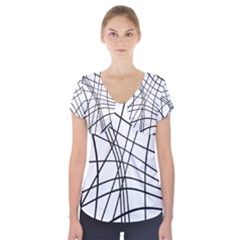 Black And White Decorative Lines Short Sleeve Front Detail Top by Valentinaart