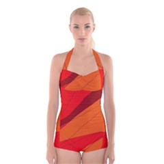 Red And Orange Decorative Abstraction Boyleg Halter Swimsuit  by Valentinaart