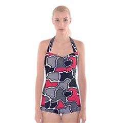 Black, Gray And Red Abstraction Boyleg Halter Swimsuit  by Valentinaart