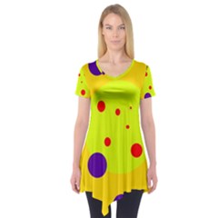 Yellow And Purple Dots Short Sleeve Tunic  by Valentinaart