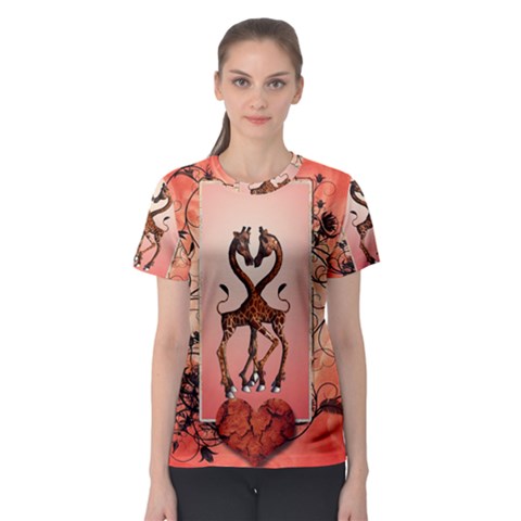 Cute Giraffe In Love With Heart And Floral Elements Women s Sport Mesh Tee by FantasyWorld7