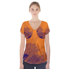 Orange And Blue Artistic Pattern Short Sleeve Front Detail Top by Valentinaart