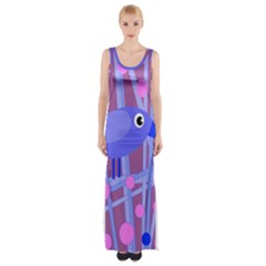 Purple And Blue Bird Maxi Thigh Split Dress by Valentinaart