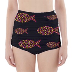 Orange Fishes Pattern High-waisted Bikini Bottoms by Valentinaart