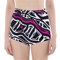 Magenta, Black And White Abstract Art High-waisted Bikini Bottoms by Valentinaart