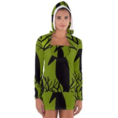 Halloween Raven - Green Women s Long Sleeve Hooded T-shirt by Valentinaart