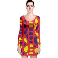 Red, Yellow And Blue Decor Long Sleeve Velvet Bodycon Dress by Valentinaart