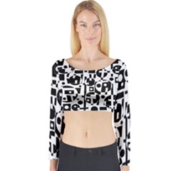 Black And White Abstract Chaos Long Sleeve Crop Top by Valentinaart
