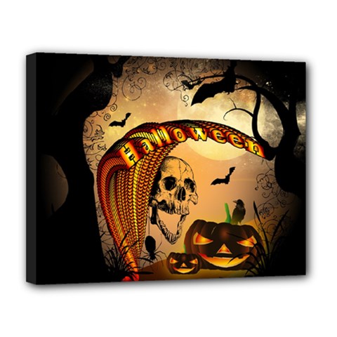 Halloween, Funny Pumpkin With Skull And Spider In The Night Canvas 14  X 11  by FantasyWorld7